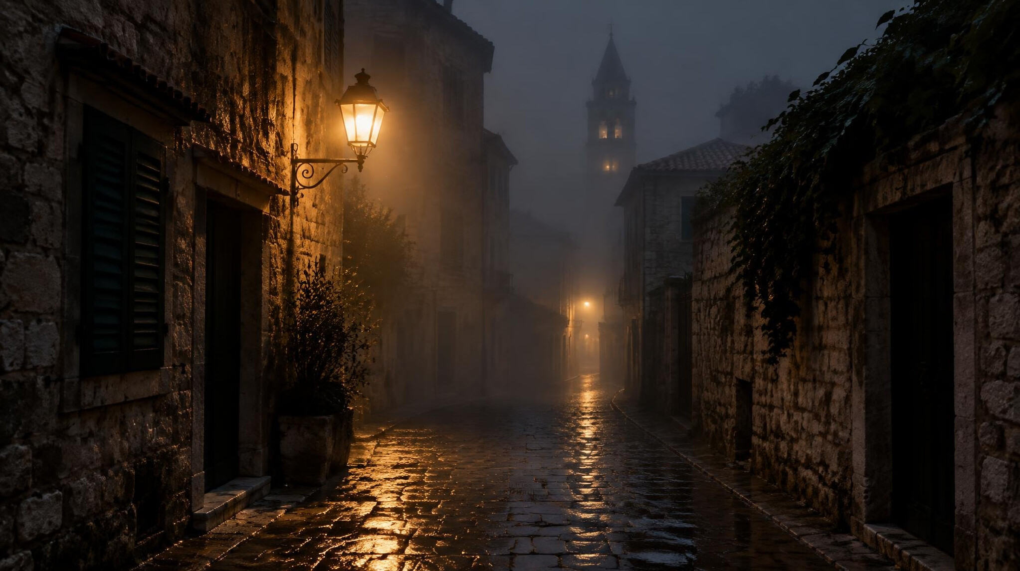 Foggy night street in an old European town with a lit streetlamp