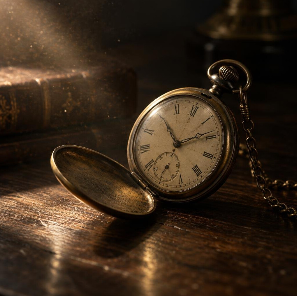 Antique pocket watch resting on a wooden table in dim light
