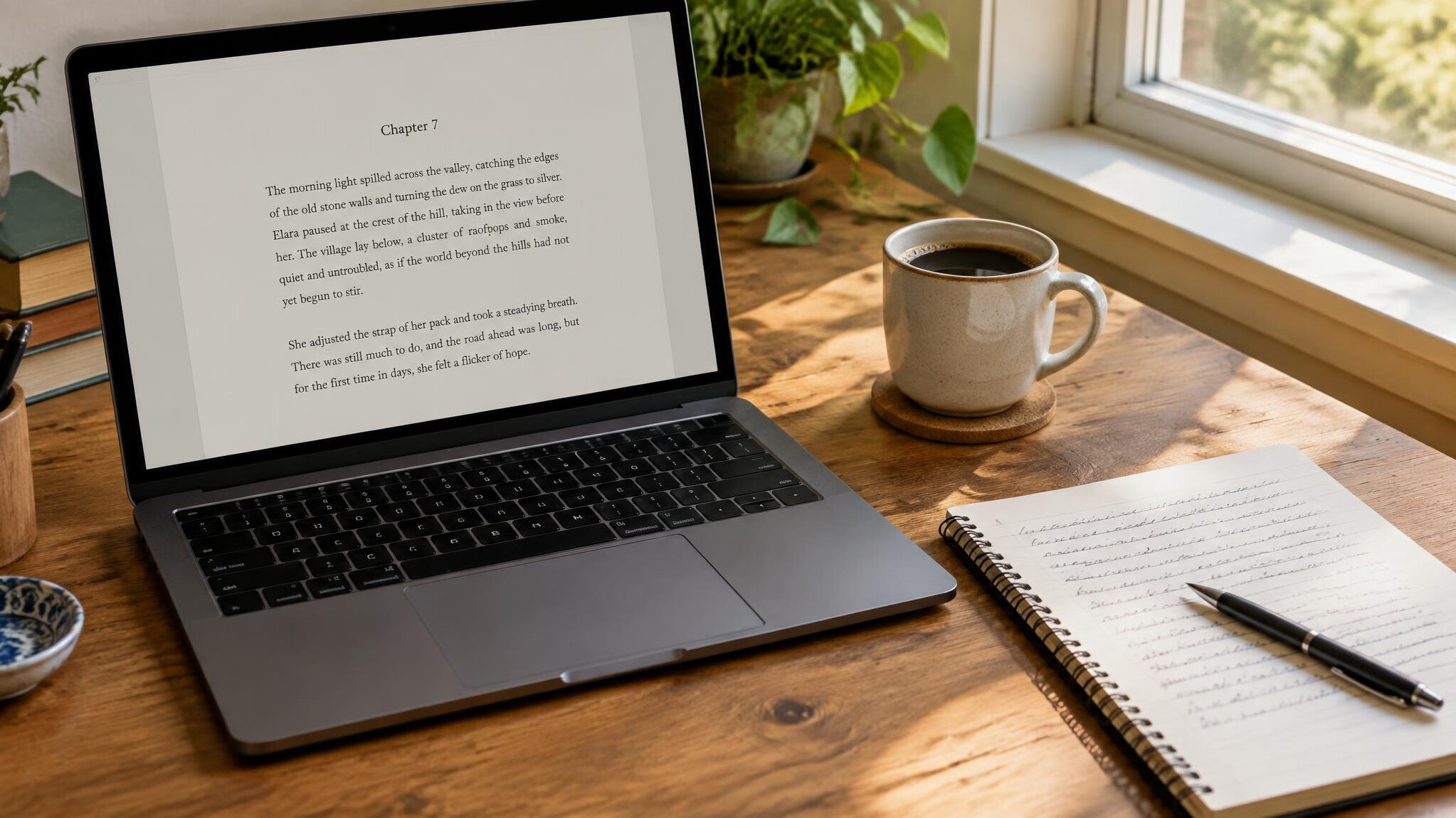 Laptop displaying manuscript text beside a notebook and coffee cup