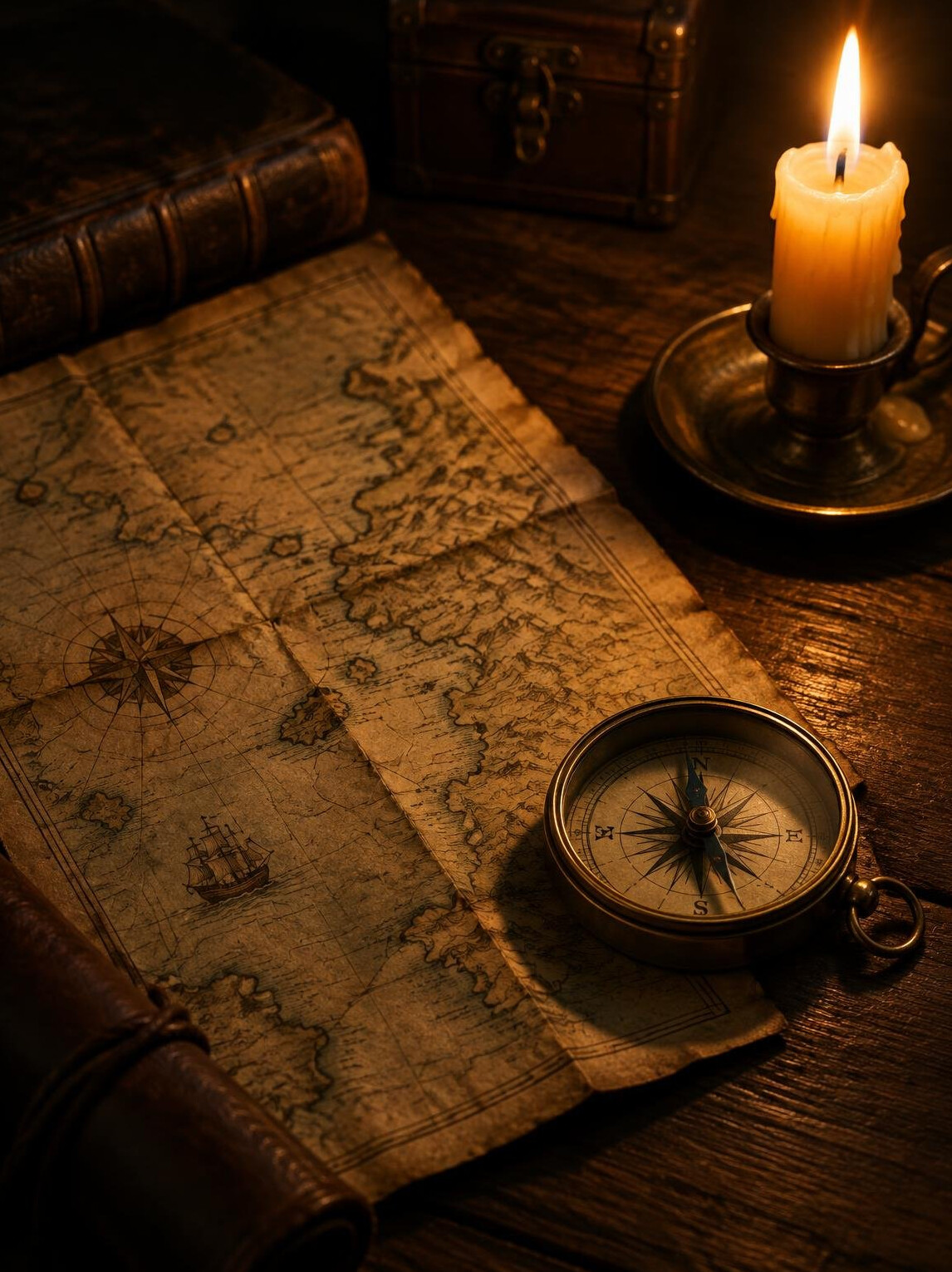 Antique map and brass compass on a wooden table by candlelight