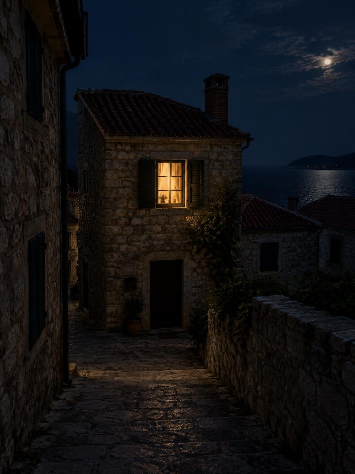 Old stone house at night with a single lit window in a coastal village