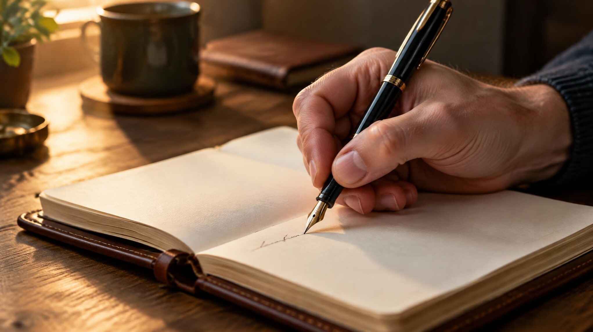 Close-up of a hand writing with a fountain pen in a leather notebook