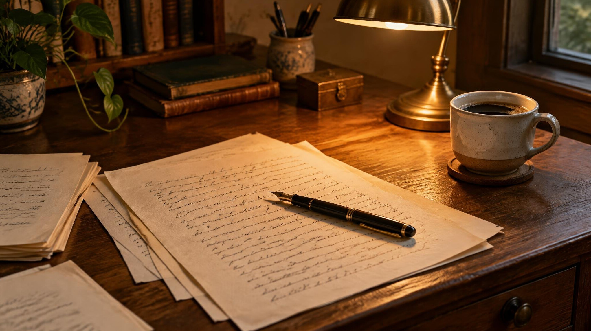 Manuscript pages and a fountain pen on a wooden writing desk