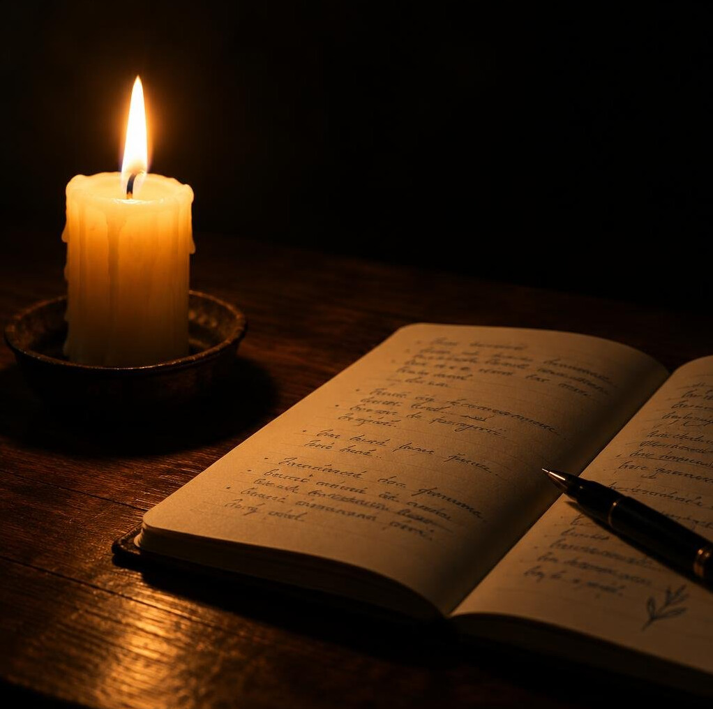 Lit candle beside an open notebook with handwritten notes