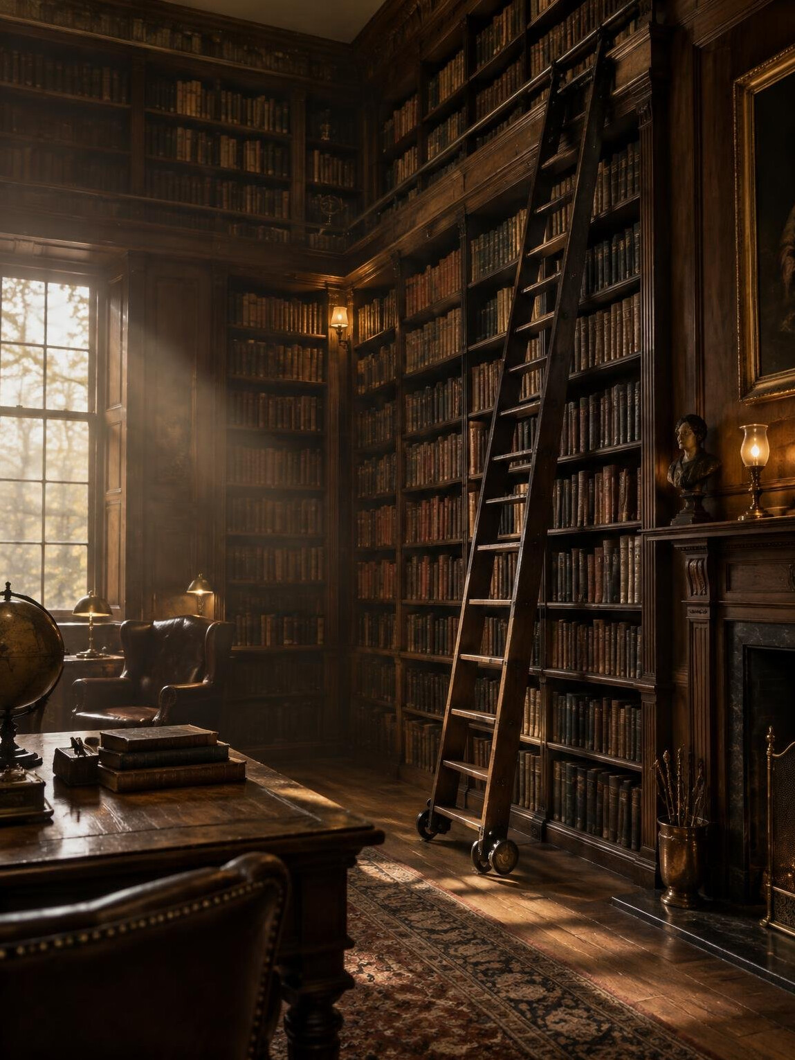 Dark old library with tall wooden bookshelves and a ladder