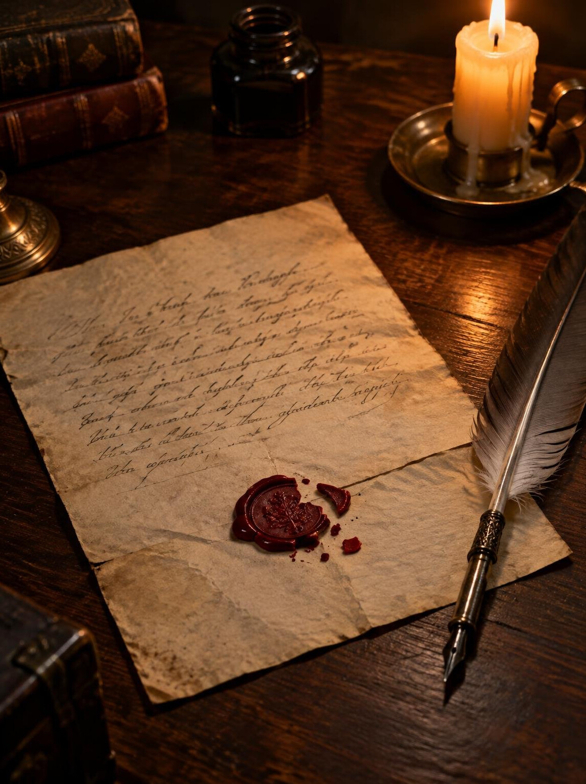 Old handwritten letter with a wax seal and quill pen