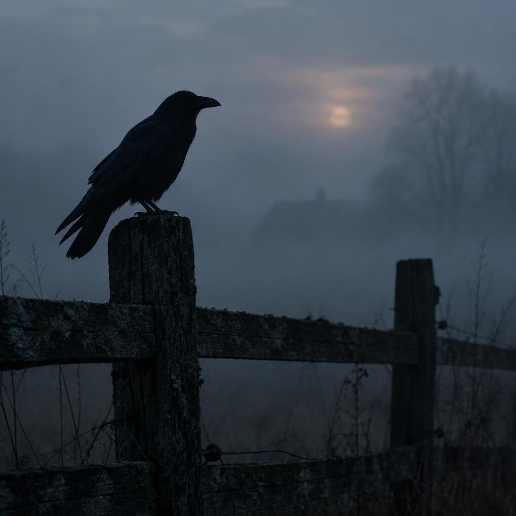 Raven silhouette on a wooden fence at dusk in fog