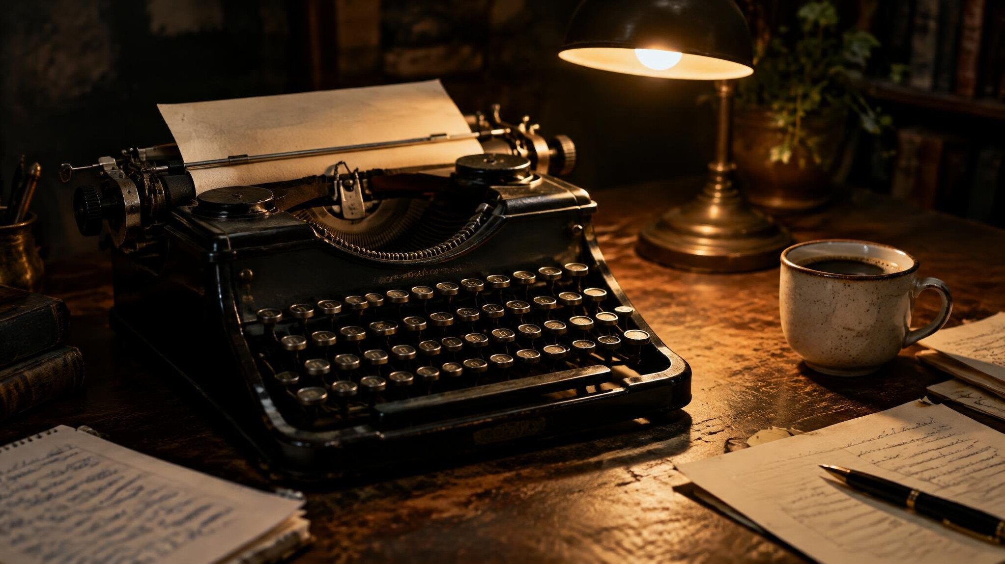 Vintage typewriter on a wooden desk under a dim lamp