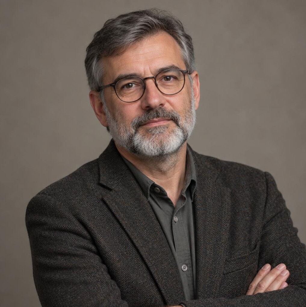 Studio portrait of a Croatian male writer in his fifties with a grey beard and glasses
