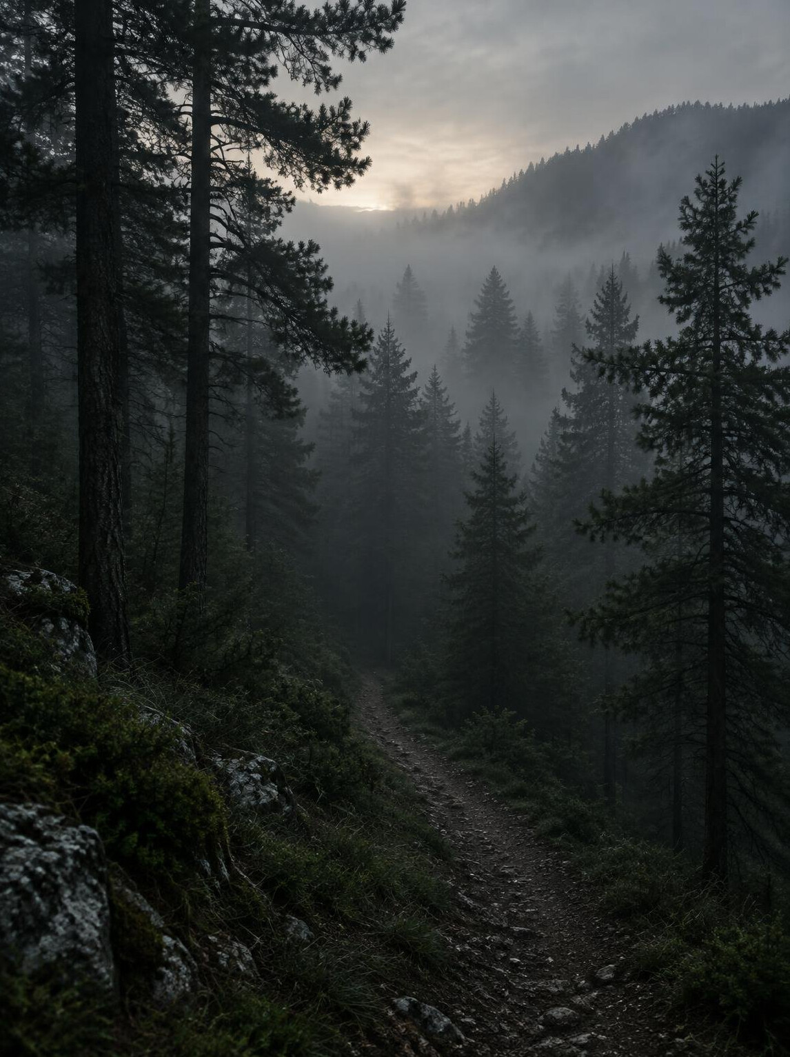 Dark pine forest with mist and a narrow path