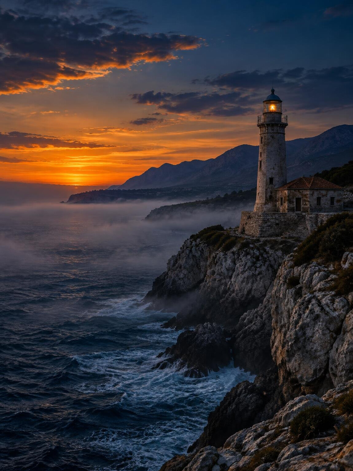 Moody Adriatic coastline at dusk with an old lighthouse in fog