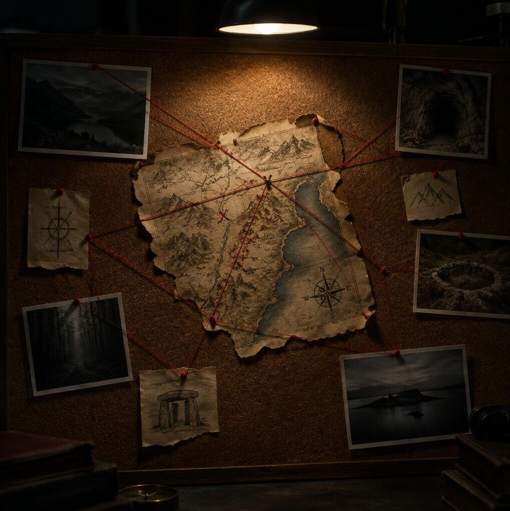 Investigation board with map fragment and red string pins