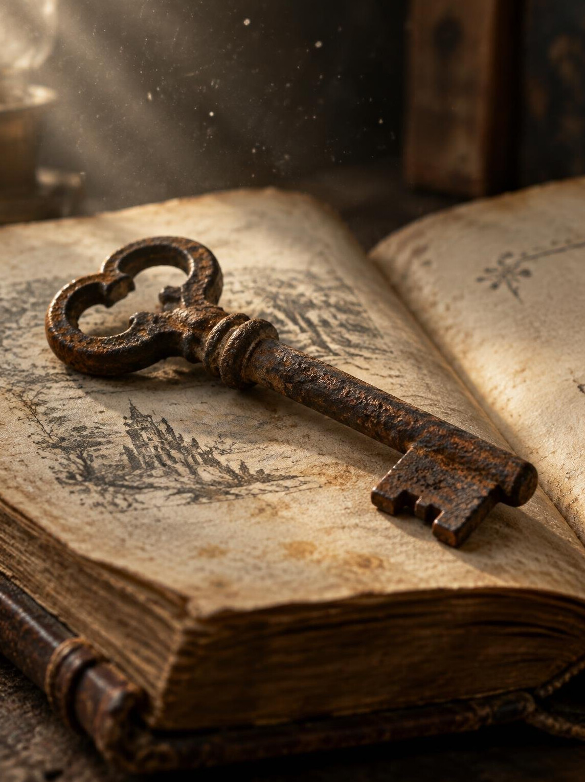 Antique iron key resting on aged book pages