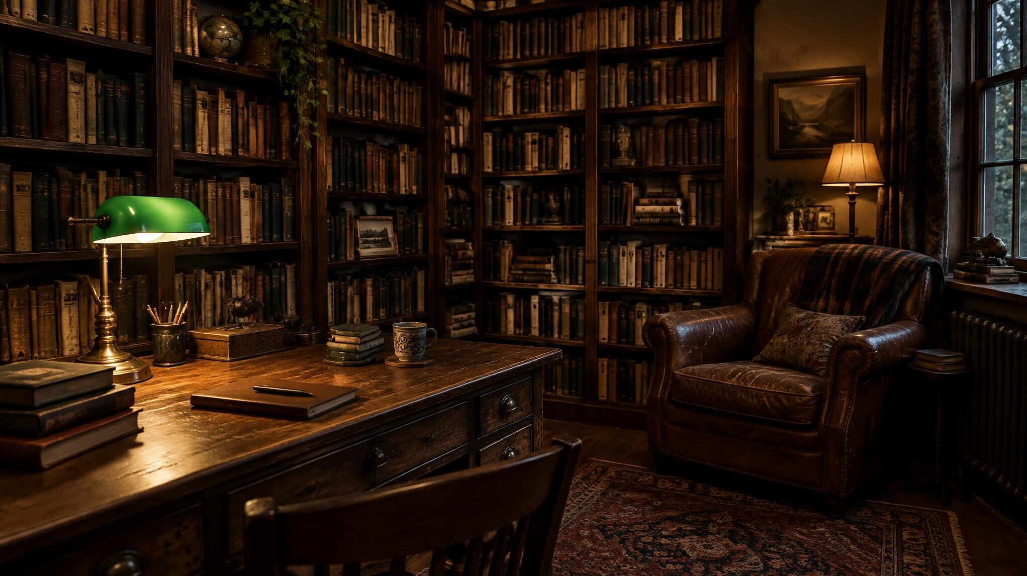 Author's study with bookshelves, an old lamp and a leather armchair